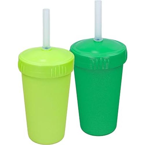 Re-Play Made in USA 2 Pack Straw Cups for Toddlers, 10 Oz. - Reusable Kids Cups with Straws and Lids, Dishwasher/Microwave Safe - Toddler Cups with Straws 3.13" x 5.5", Kelly Green/Lime Green