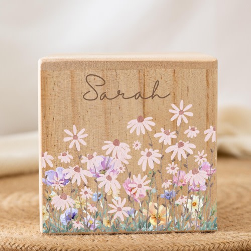 Money Box Personalized Kids Name, Gift for Nephew & Baby Girls, Coin Bank Wooden, Piggy Bank with Flowers Child, Baptism Gifts, Savings Bank