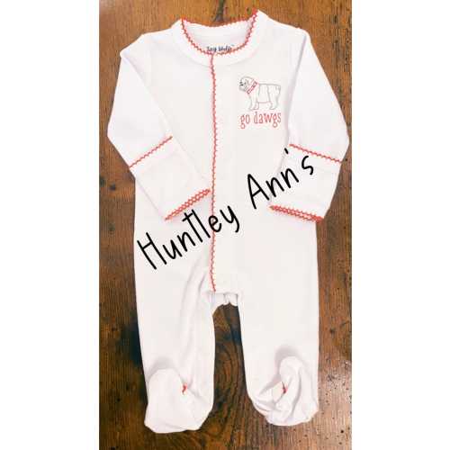 Nb Bulldog Baby Boy Footie. Georgia footie. Go Dawgs newborn sleeper. Baby Shower Gift. Ga fan baby outfit. Bulldog embroidery. Picot Trim