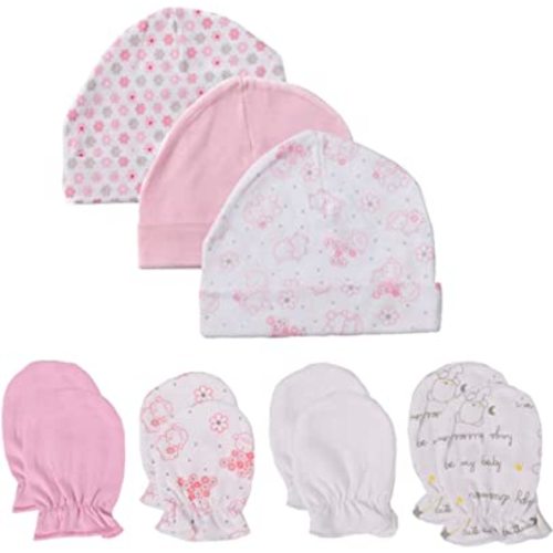 Newborn Baby Soft Cotton Organic Cap and Mitten Set Sunny Hatsfor Hospital Baby Boy and Girl(0-6 Months)