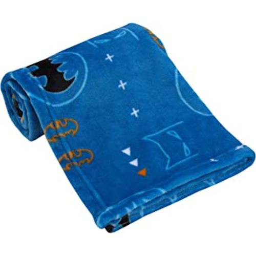 Warner Brothers Batman Blue, Orange, and White with Icons, Emblems, and Triangles Super Soft Baby Blanket