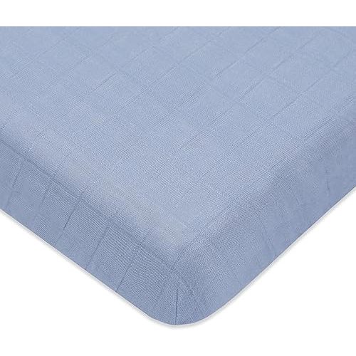 Babyletto 100% Organic Cotton Mini Crib Sheet, GOTS-Certified, Fitted 360°, Ultra-Soft and Breathable Muslin - Dewdrop Blue