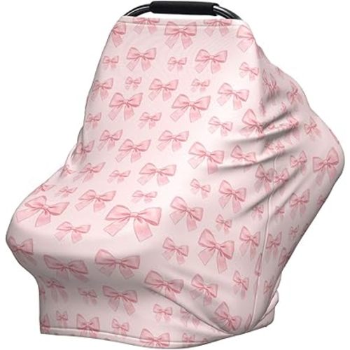 Pink Bow Baby Stuff Car Seat Cover for Baby,Mom Nursing Breastfeeding Covers,Multi-Use Car Seat Canopy Carrier Cover,Stroller Cover Newborn Shower Gift for Boys Girls