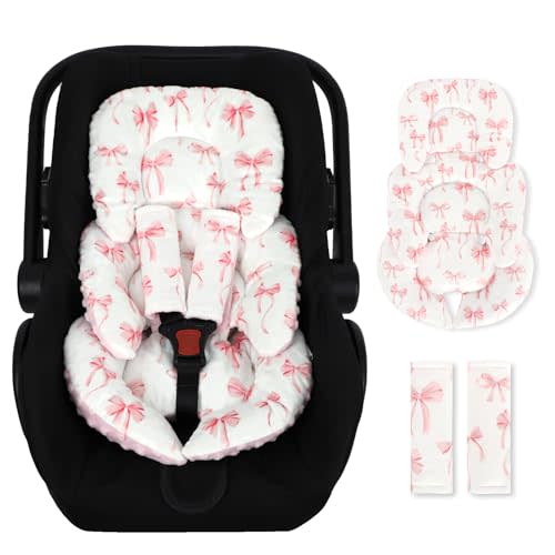 DAYEEBALL Infant Car Seat Insert Cushion, Baby Car Seat Head Body Support for Girls & Boys, Reversible Newborn Car Seat Insert with 2 Extra Strap Paddings, Premature Car Seat Cushion, Pink Bow