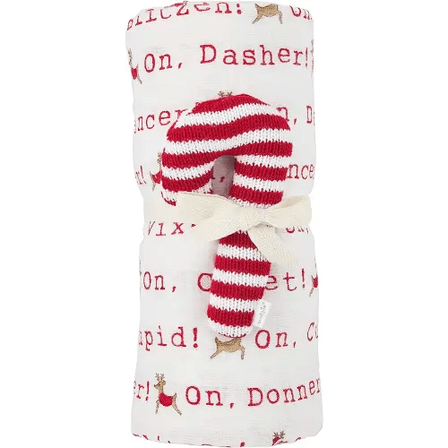 Mud Pie Christmas Swaddle and Rattle Set, White, 47" x 47"