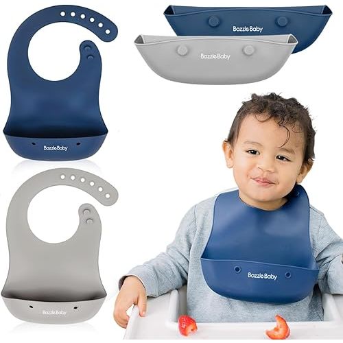 Bazzle Baby Silicone Bibs with Food Catcher - Rolls Up and Button closed for easy travel and storage Waterproof 2-Pk