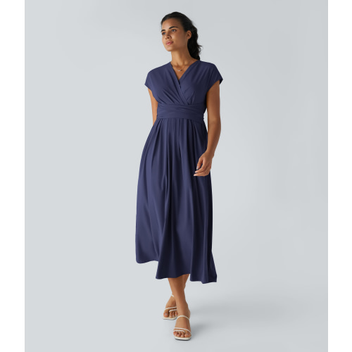 Breezeful™ V Neck Short Sleeve Pocket Tie Back Quick Dry Midi Casual Dress-Longer Length