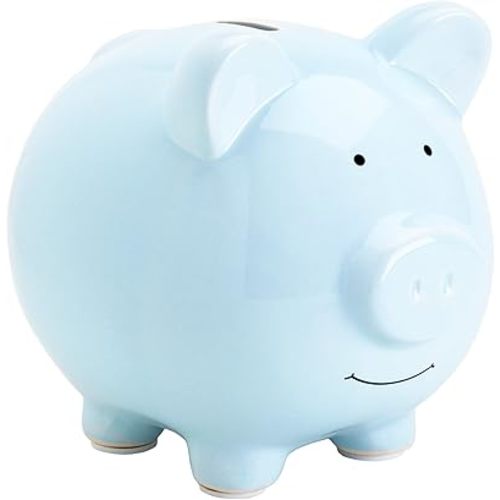 Pearhead Large Ceramic Piggy Bank, Ideal for Boys and Girls, Kids Money and Coin Bank, Perfect Baby Boy Nursery Décor, Great Gift and Newborn Keepsake, Light Blue