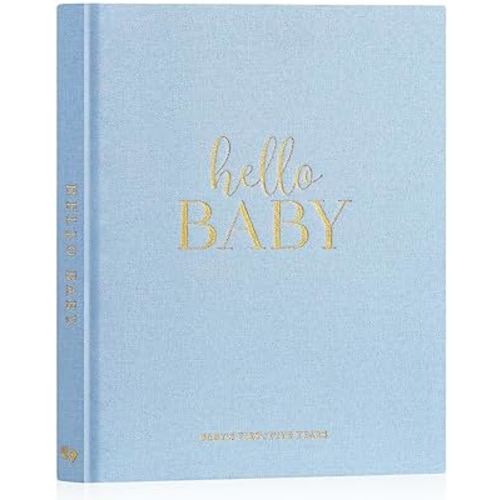 Lanpn Hello Baby First 5 Year Memory Book for Boy Girl - Linen Hardcover Baby Book Keepsake for New Parents - Newborn Baby Journal Scrapbook Photo Album Baby Milestone Book (Blue, 154 Pages)