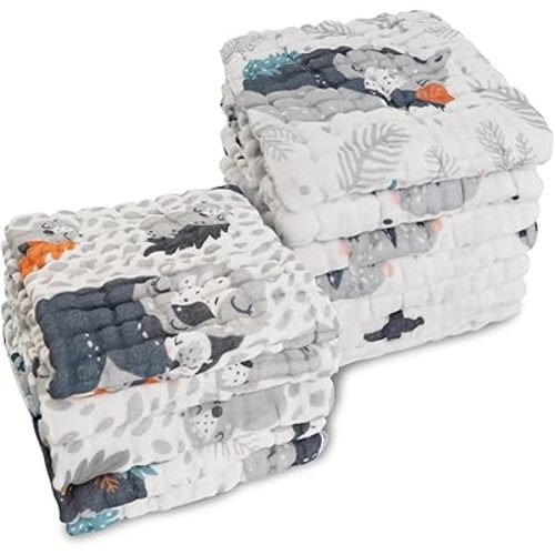 Viviland Baby Washcloths Wash Cloths for Babies,Muslin Washcloths Baby,12-Pack,12 X 12 inches Absorbent and Soft Newborn Essentials Must Haves - Raccoon & Fox