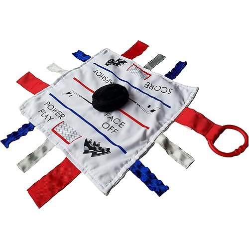 Baby Jack & Co 10x10” Hockey Sports Lovey Sensory Plush Blanket - Tag Toys for Babies - Baby Stroller Toys - Learn Shapes, Letters & Colors - MVP Baby Puck Toy & Baby Sports Gift w/Stroller Clip