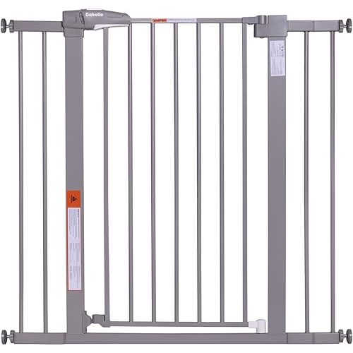 BABELIO 36-Inch Tall Baby Gate, 26-40" Wide Auto-Close Pet Gate, Easy Install and No-Drilling, Pressure Mounted with Wall Protectors and Extension Kits, Gray