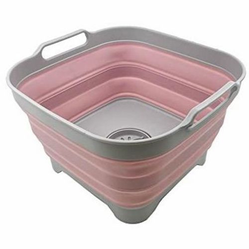 Sammart 10l (2.64 Gallon) Collapsible Dishpan With Draining Plug, Grey/pale Pink