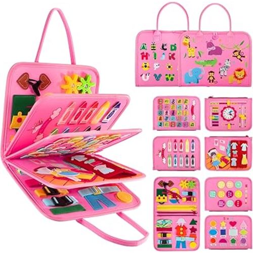 Busy Board Montessori Toys for 1 2 3 4 Year Old Boys & Girls, Sensory Board for Toddlers 1-3, Preschool Activities for Learning Fine Motor Skills, Gifts for Girls Boys, Travel Toys for Airplane Car