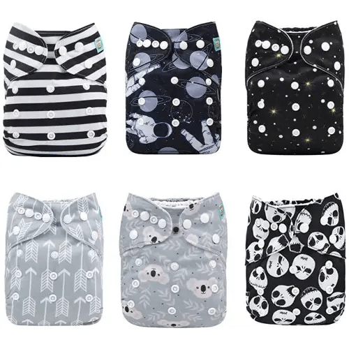 ALVABABY Baby Cloth Diapers 6 Pack with 12 Inserts One Size Adjustable Washable Reusable for Baby Girls and Boys (6DM80)