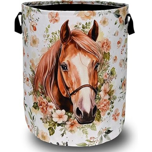 Watercolor Horse Laundry Basket Foldable With Handles Cute Animal Floral Tote Bag Oxford Cloth Colorful Laundry Hamper Clothes Toy Storage Bucket For Bathroom/Laundry/Bedroom 18.9" x 16.5 "
