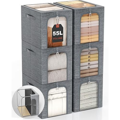 GoMaihe Clothes Storage Bins Metal Frame: 55L Extra Large Stackable Closet Storage Bin with Lid & Clear Window, Heavy Duty Blanket Box for Winter Coats Comforters (Fits Deep Closet 6-Pack)