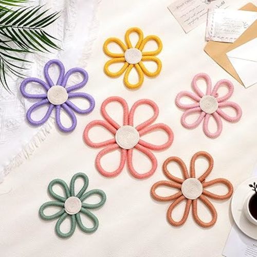 Barydat 6 Pcs Boho Nursery Decor Daisy Flower Woven Macrame Wall Hanging 3 Size Daisy Flower Wall Decor Bohemian Nursery Decorations for Home Dorm Art(Multicolor)
