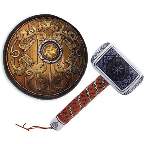 June Garden Little Vikings Hammer and Shield Playset - Safe Plush Soft Pretend Play Weapons - Gifts for Kids