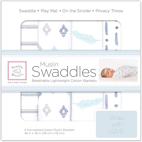 SwaddleDesigns Cotton Muslin Swaddle Blankets, Set of 4, Receiving Blankets for Baby Boys & Girls, Best Shower Gift, 46x46 inches, Denim Indigo