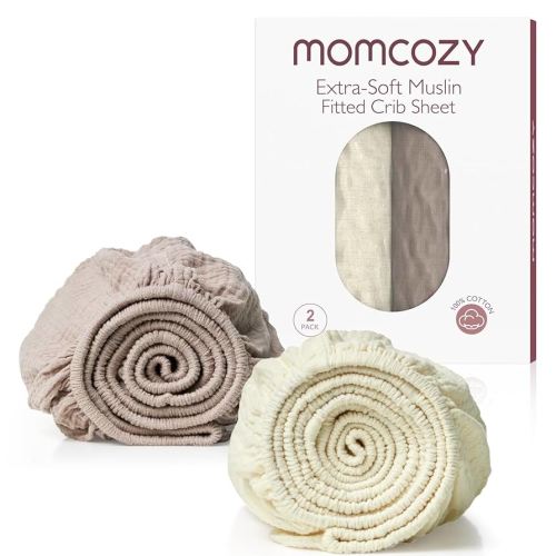 Momcozy Muslin Fitted Mini Crib Sheets, 38"x26", 2 Pack Soft Breathable Natural Cotton Baby Mattress Sheet, 360° Mattress Wrapping No Slip Boys Girls Neutral Toddler Bed Sheet, Beige Coffee Red