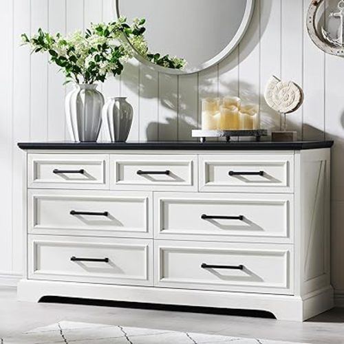 7 Drawer Dresser, Farmhouse Chest of Drawers for Bedroom, 52" Wide Dresser TV Stand with Large Metal Handle, Modern Wood Drawer Organizer for Living Room, Hallway, Closet - Off White