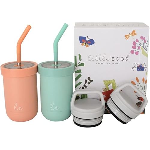 Double walled Insulated Smoothie cups for kids | Toddler Cups with Straws | Set of 2 Straw Sippy Cup | Stainless steel baby cup with Thermos Lid for Hot Storage | Kids Straw Cups