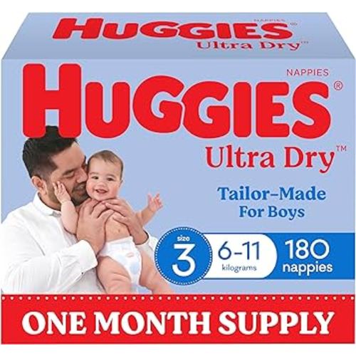 Huggies Ultra Dry Nappies Boys Size 3 (6-11kg) 180 Count - One Month Supply (Packaging May Vary) : Amazon.com.au: Baby