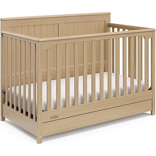 Graco Hadley 5-in-1 Convertible Crib with Drawer (Driftwood) – GREENGUARD Gold Certified, Crib with Drawer Combo, Full-Size Nursery Storage Drawer, Converts to Toddler Bed, Daybed