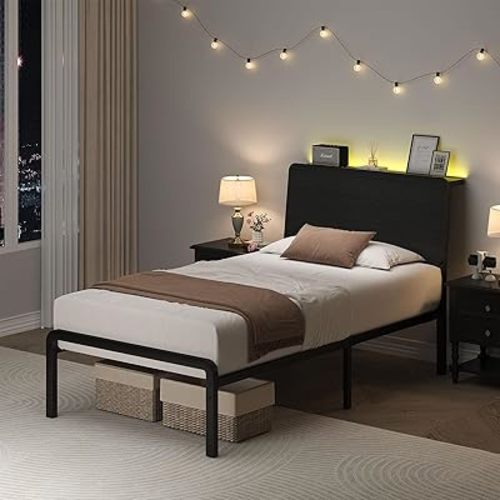 Twin Bed Frame, LED Bed Frame with Storage Headboard, Black Metal Platform Bed Twin Size, Heavy Duty Metal Slats, No Box Spring Needed, Easy Assembly, Black