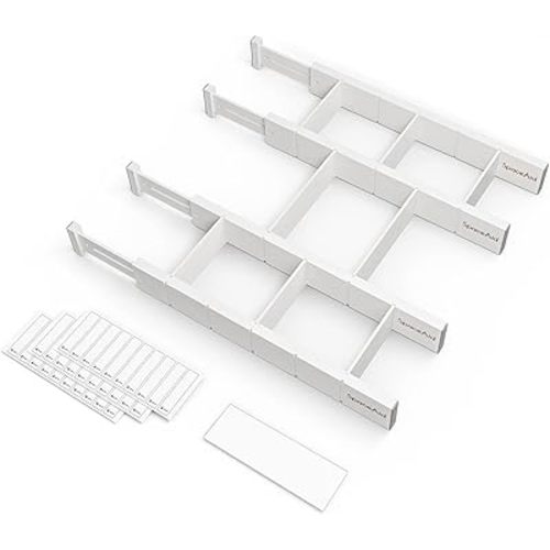SpaceAid Bamboo Drawer Dividers with Inserts and Labels, Kitchen Adjustable Drawer Organizers, Expandable Organization for Home, Office, Dressers, 4 Dividers with 9 Inserts (17-22 in, White)