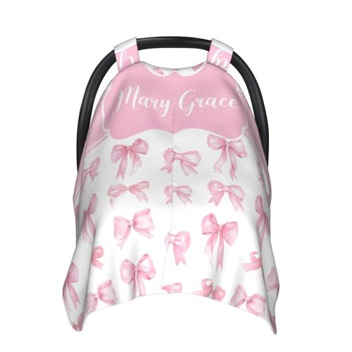 Personalized Baby Girl Car Seat Canopy for Babies, Custom Name Baby Car Seats Cover for Girls, Pink Bow Opening Minky Nursing Breastfeeding Covers for Infant, Carseat Canopies for Newborn