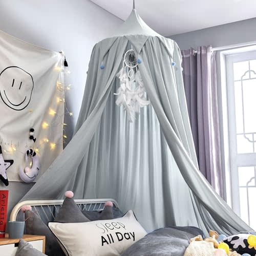 Bed Canopy for Girls, Round Dome Hanging Canopy for Baby Brib Kids Bed Room Decor Reading Nook Indoor Outdoor Playing Castle (Grey Blue)