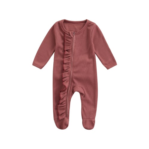 wybzd 0-6 Months Newborn Baby Girl Footie Waffle Knit Romper Zippers Ruffle Onesie Fall Winter Clothes