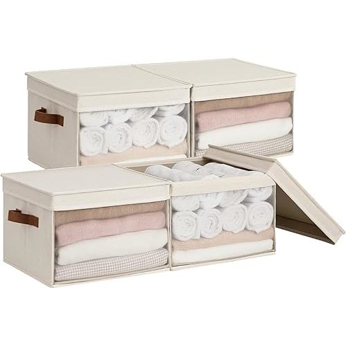 StorageWorks Storage Bins with Lids and Clear Window, Basket for Shelves, Fabric Closet Containers and Organizers, Beige, Large, 4-Pack