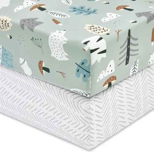 TILLYOU Baby Crib Sheets for Boys Girls, Super Soft Toddler Bed Sheets, 2 Pack Sheets for Standard Crib Mattress 28x52in, Jungle Walk and White Stripes