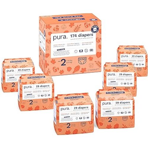Pura Size 2 Baby Diapers (7-13lbs) Hypoallergenic, Soft Organic Cotton Comfort, Sustainable, Wetness Indicator, Allergy UK, Eco-Friendly, Monthly Supply. 6 Packs of 29 (174 Diapers) - Size 2 (174 Diapers)