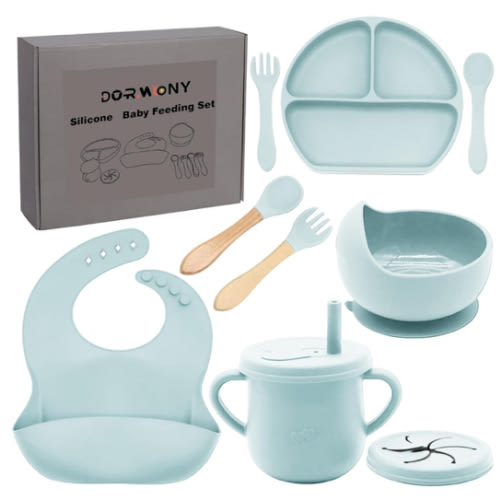 100% Silicone Baby Feeding Set,BPA Free Baby Dishes Set with Suction Bowl Divided Plate,Toddler Self Feeding Dish Set with Spoons Forks Sippy Cup and Bib, Baby Eating Utensils(Light Blue)