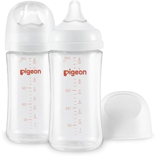 Pigeon Glass Nursing Baby Bottle Wide Neck (Pack of 2), Streamlined Body, Natural Feel, Easy to Clean, Heat-Resistant, 8.1 Oz (2L)