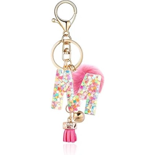 Resin Alphabet Initial Letter Keychain Keyring for Women Purse Handbags With Fur Ball Pom