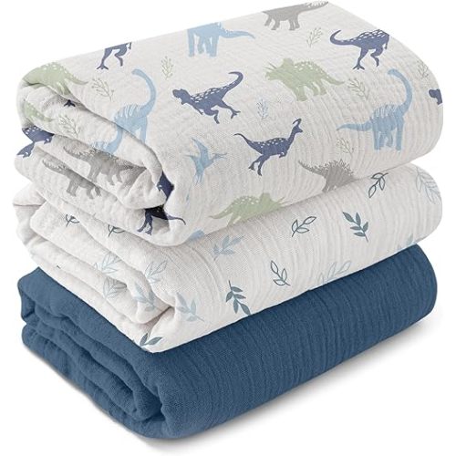 GLLQUEN BABY Muslin Swaddle Blankets,3-Pack Receiving Blankets for Newborn Boys and Girls,Baby Swaddle Blanket Unisex,My Dino Pals,Baby Essentials, Registry & Gift, 40 x 38 inches
