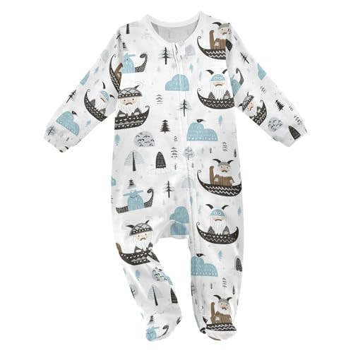 JUNZAN Vikings Scandinavian Baby One-Piece Footies Newborn Rompers Pajamas Cotton Footed Pjs for Sleep Play Boys Girls 3M