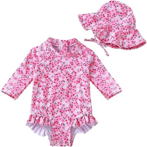 WOLBAY Baby Girl Swimsuit Long Sleeve One Piece Rash Guard with Sun Hat Zipper Bathing Suit Size 0-2T