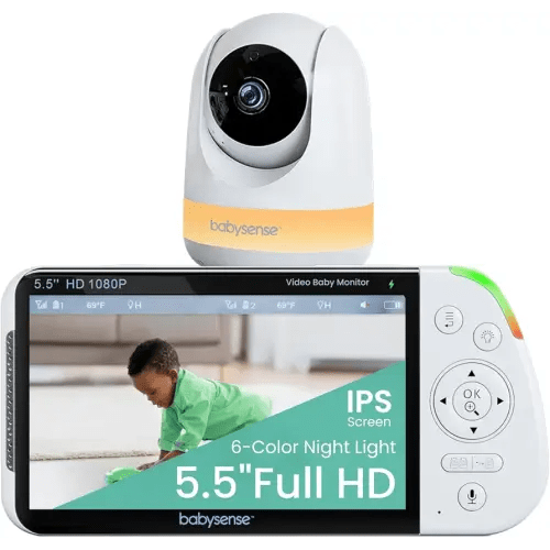 Babysense 5.5” 1080p Full HD Split Screen Baby Monitor, Video Baby Monitor with Camera and Audio, PTZ Camera, RGB Night Light, 1000ft Range, Two-Way Audio, 4X Zoom, 5000mAh Battery