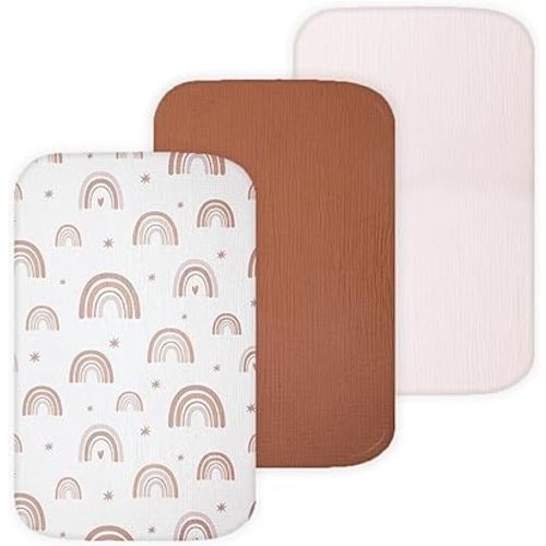 Muslin Bassinet Sheets Compatible with Mika Micky, Ronbei, Papablic Baby Bedside Sleeper by TansyPanda, 3 Pack, 19 x 32 in, Ultra Soft, Breathable and Snug Fit, Unisex Boys and Girls, Brown Rainbow