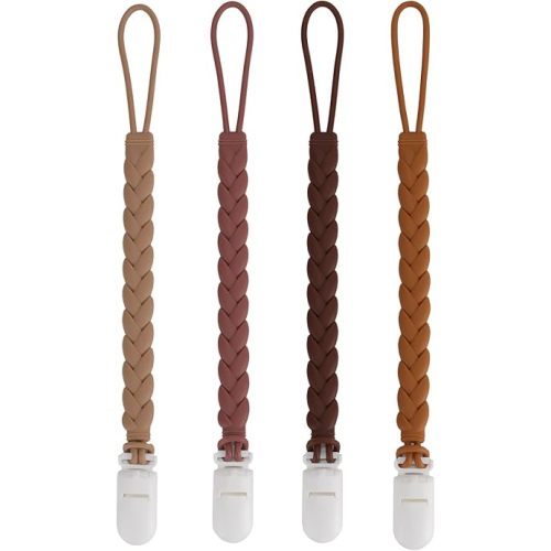 Stylish Silicone Pacifier Clips 4-Pack for Baby Boys and Girls, Woven Rope Flexible Design, Rust-Free Holders for Teething Relief and Baby Essentials, Safe for Newborns (Brown)