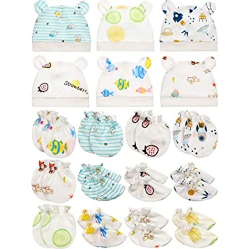18 Pieces Newborn Cap Mitten Sock, Including 6 Pieces Newborn Hats, 6 Pairs Baby No Scratch Mittens Gloves and 6 Pairs Infant Socks for 0-6 Months Unisex Baby Boys Girls Set Multicoloured