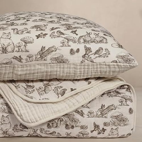 Woodland Crib Bedding Set, 5-Layer Organic Cotton Muslin Crib Quilt & Sham, Forest Animal Nursery, Rabbit Fox Bird, Toddler Comforter 45x60, Reversible, Neutral Eggshell