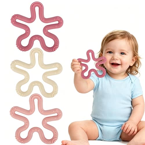 Fu Store 3 Pack Coral Flower Ring Teether Baby Teething Toys Silicone Teether Ring Toys for Babies 0-6 0-12 0-24 0-36 Months Easy to Grasp Clean Infant Teething Relief Soothing Sore Gums