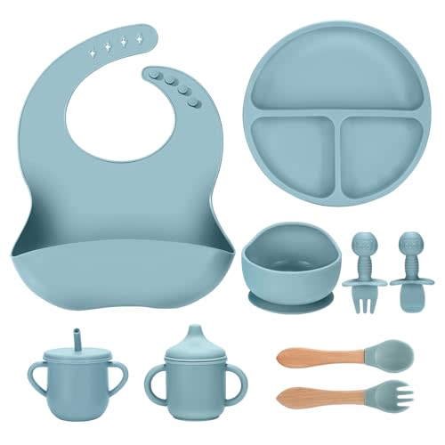 Silicone Baby Feeding Set 9 Pcs, Spill-Proof Suction Plate, Bowl, Bib, Silicone spoon&forks, Wooden Spoons&forks, Training cup with straw and Sippy Cup, Baby Eating Utensils (Blue)